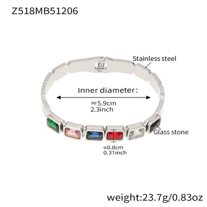 Silver stainless steel bangle (Z518MB51206), multi-color square glass stone, inner diameter 5.9cm, weight 23.7g