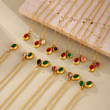 Colorful zircon pendant necklaces arranged in rows on a striped neutral surface
