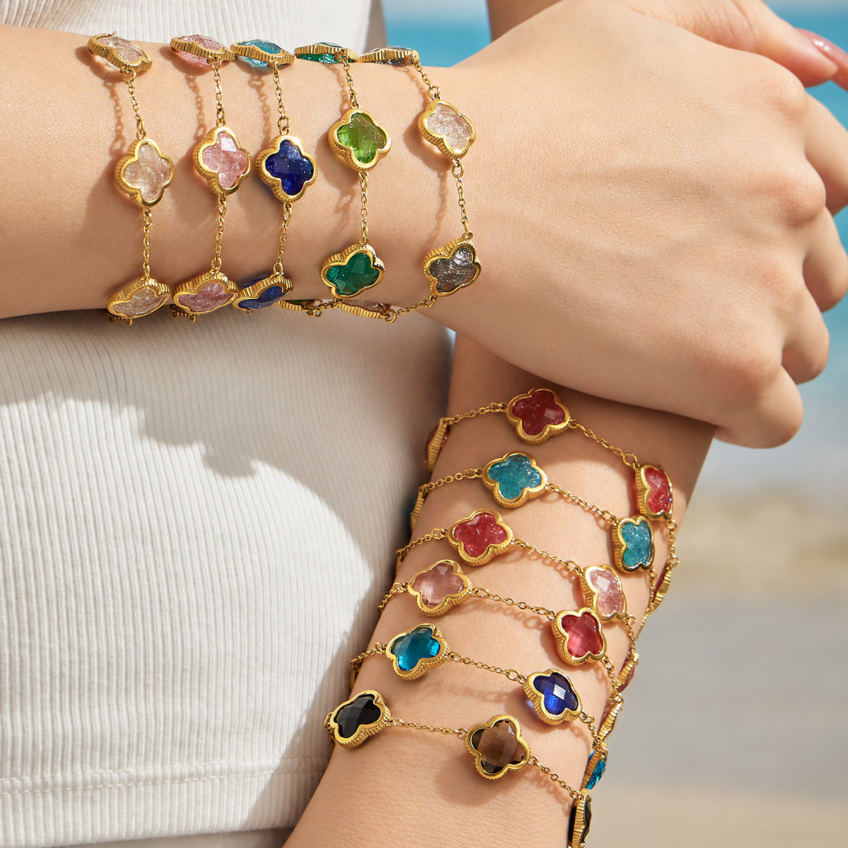 Colorful zircon charm bracelet worn on wrist