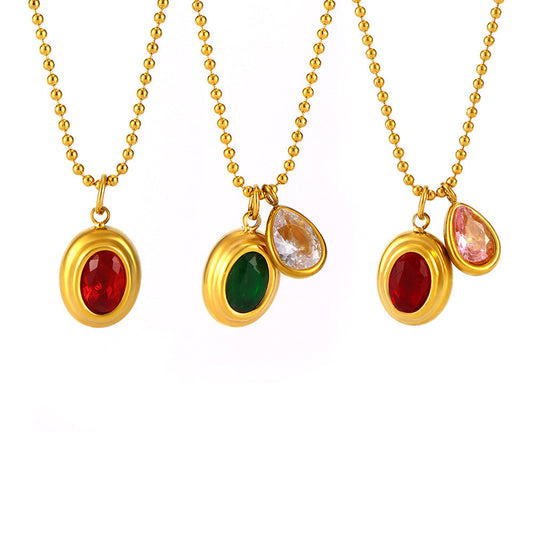 MiduoduoJewelry colorful zircon drop necklace collection with red, green and pink stones on gold ball chains