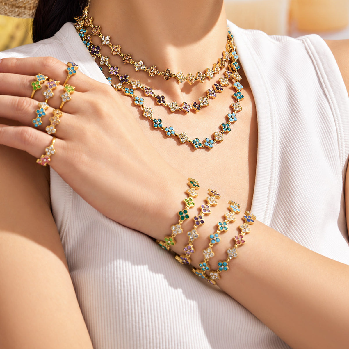 316L Stainless Steel 18K PVD Gold Colorful Zircon Matching Collection made with 316L stainless steel and 18K PVD gold finish for wholesale jewelry buyers - image 16