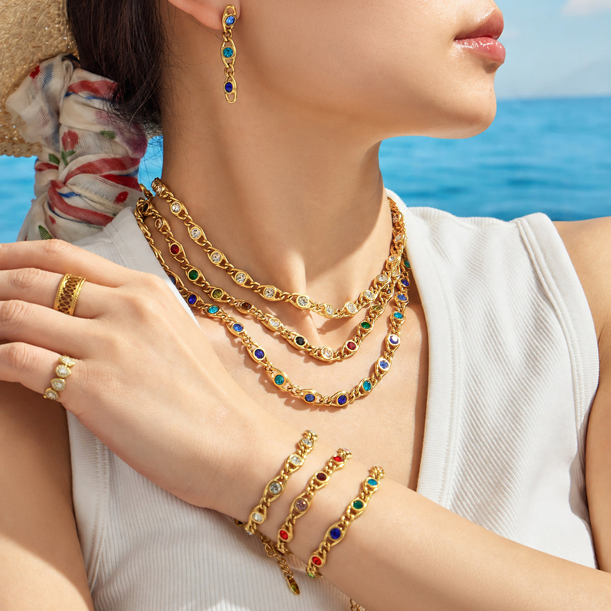 Colorful zircon necklace bracelet and earrings styling