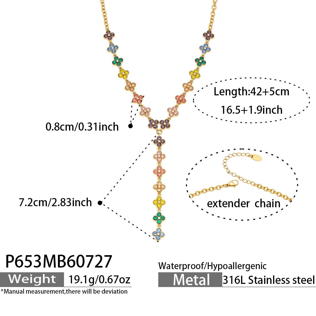 MiduoduoJewelry colorful zircon lariat necklace length, drop and product specification guide