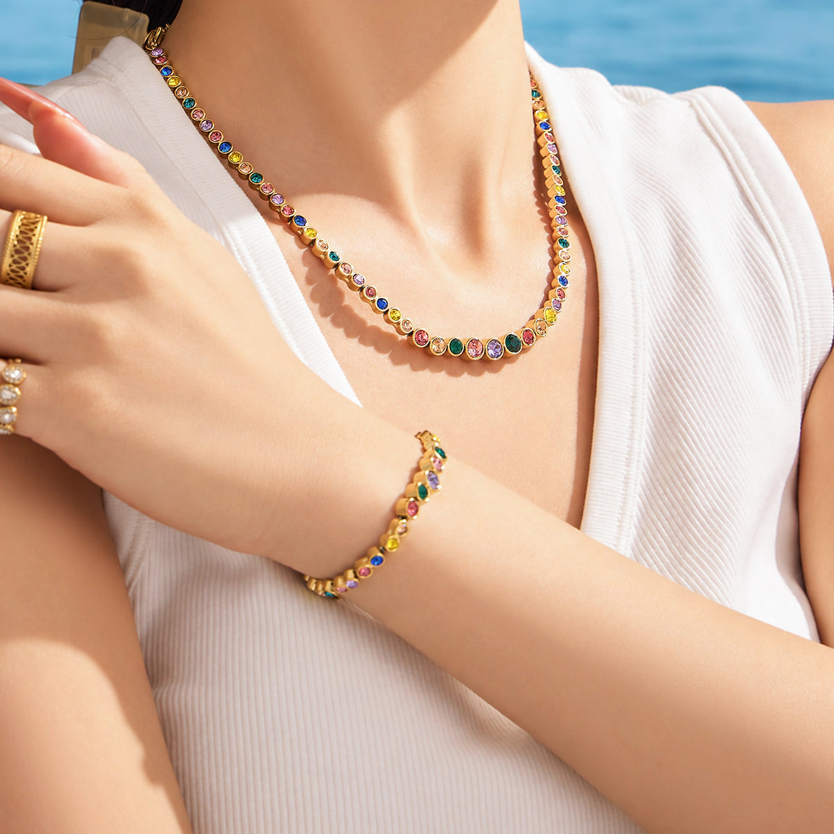 Colorful zircon necklace worn on model