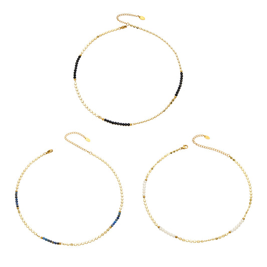 Gold-tone copper beaded necklace collection with black, blue and freshwater pearl accent styles