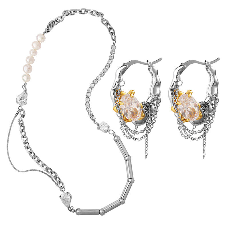 Copper pearl CZ chain hoop earrings with freshwater pearl and zircon details styled with matching necklace display