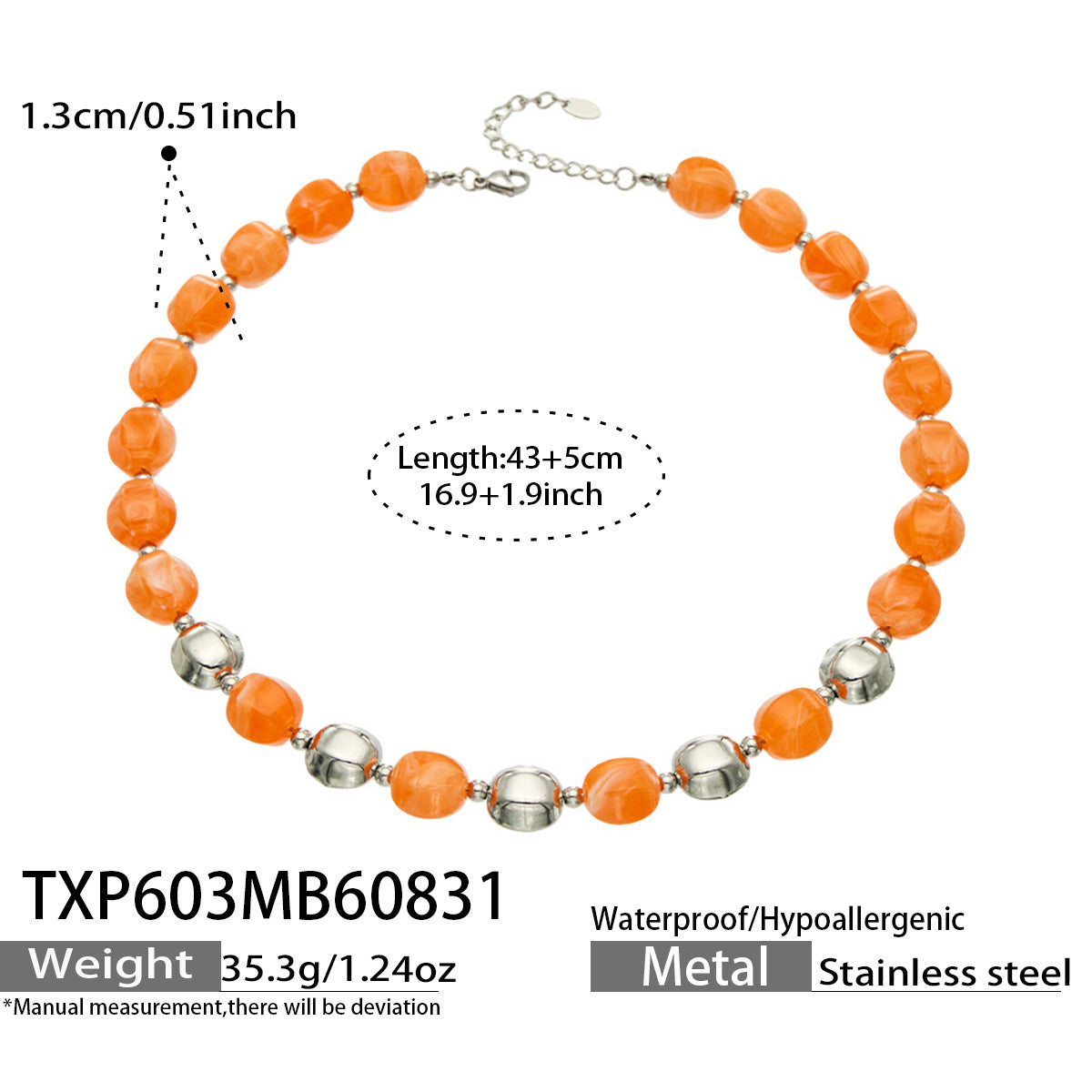 Specification card for a coral orange resin bead necklace with stainless steel accent beads.