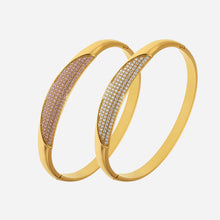 18k pvd gold stainless steel crescent zircon paved bangle - shiny crystal inlaid bracelet