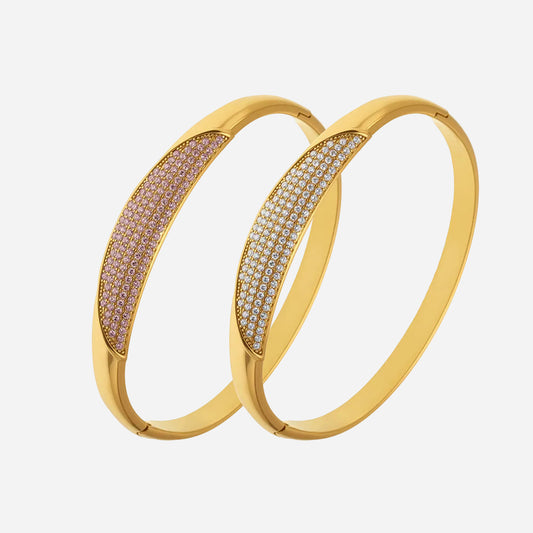 18k pvd gold stainless steel crescent zircon paved bangle - shiny crystal inlaid bracelet