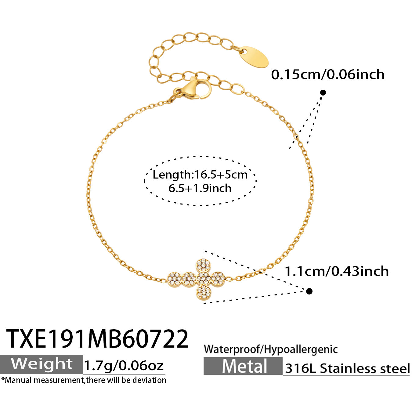 Size guide for the gold cross zircon bracelet with chain and extender measurements