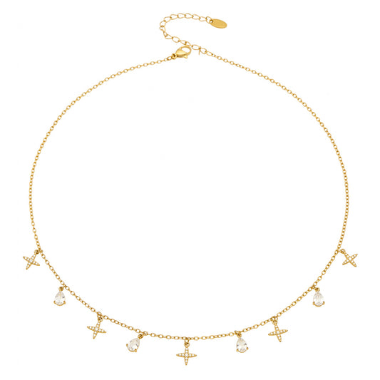 Stainless steel dainty cross and teardrop zircon charm necklace flat lay