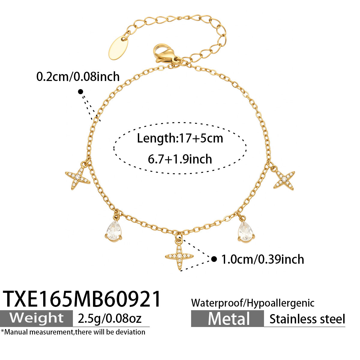 TXE165 gold-tone cross and teardrop zircon charm bracelet 17+5 cm size details