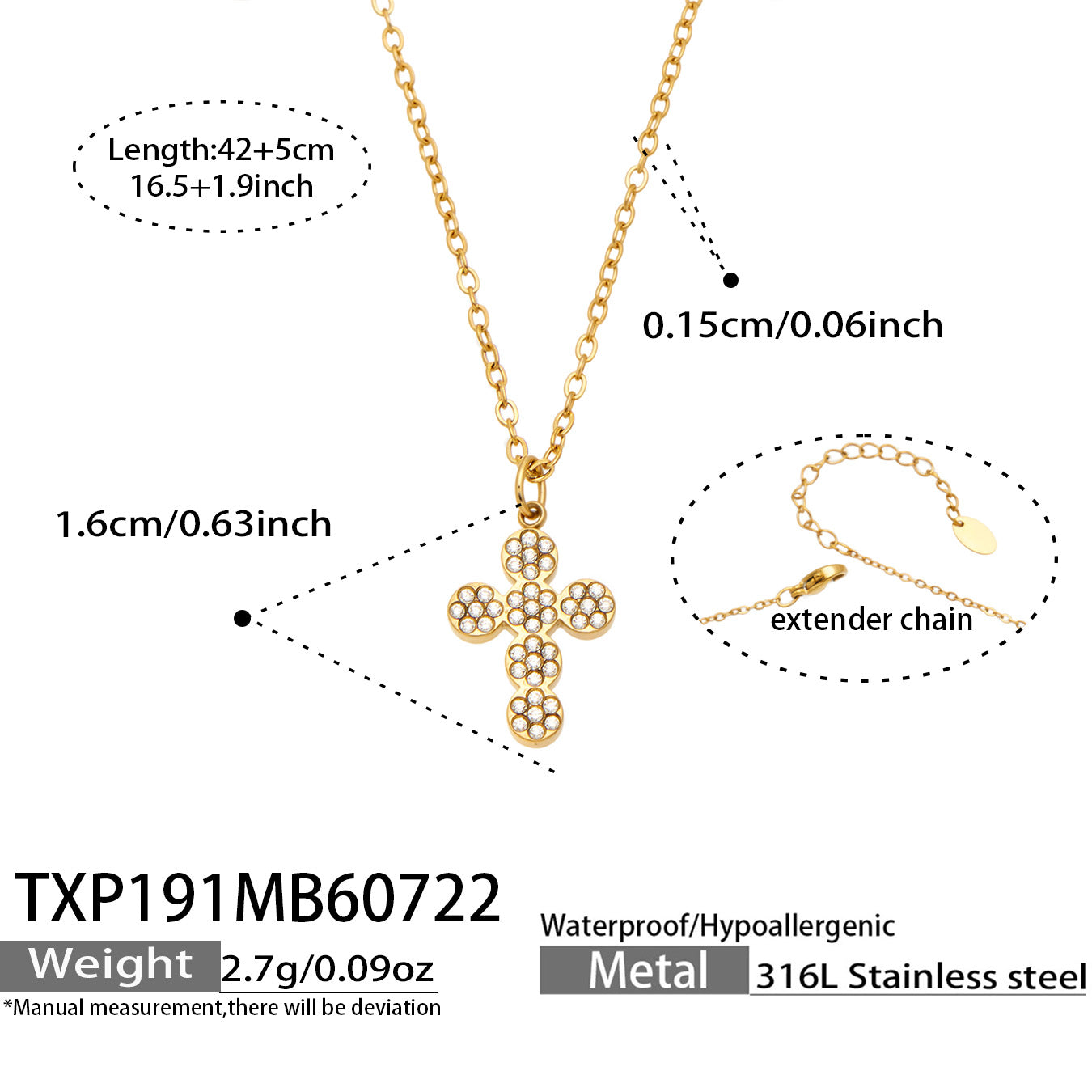 Size guide for the gold cross pendant necklace with chain and pendant measurements