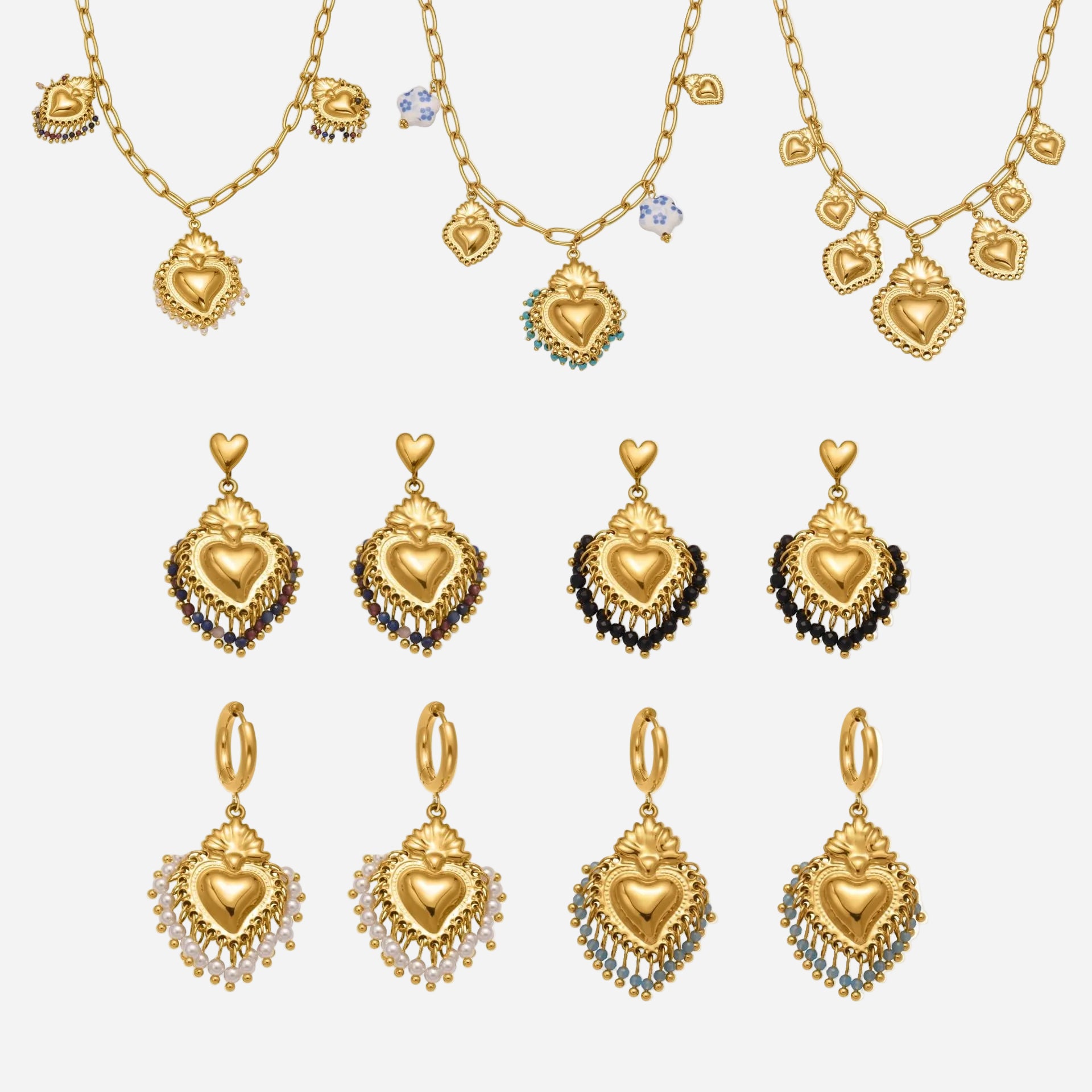 crown heart diy jewelry set showing multiple earrings and necklace styles with heart charms
