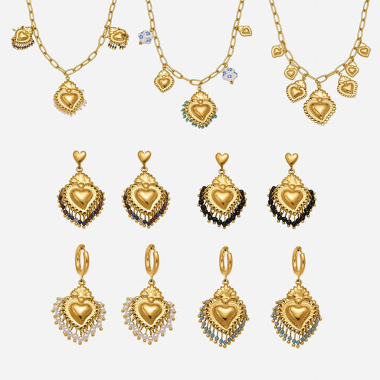 crown heart diy jewelry set showing multiple earrings and necklace styles with heart charms
