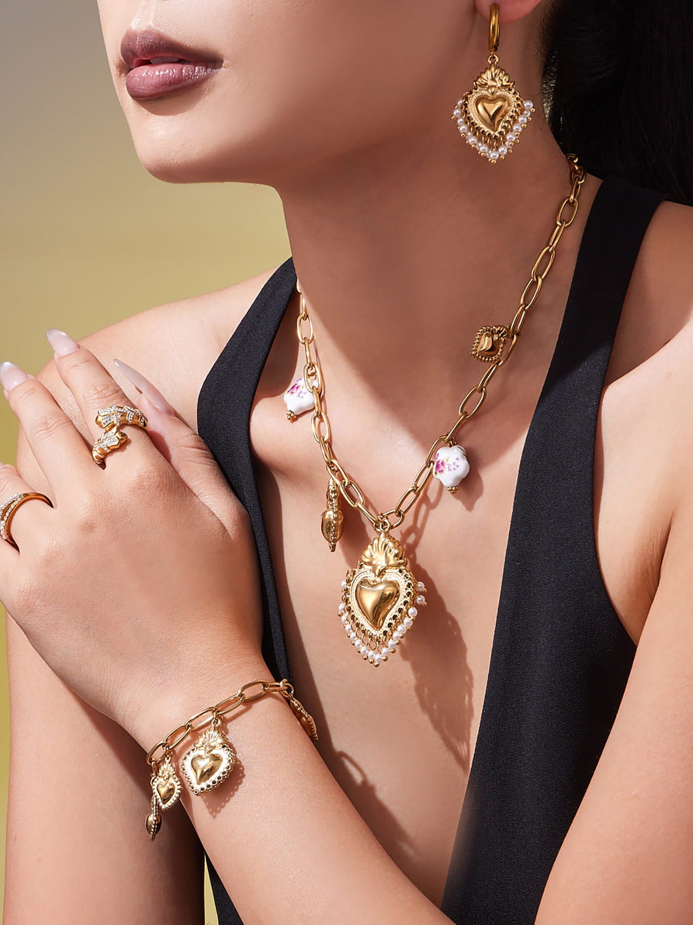 crown heart diy jewelry set heart drop earrings with beaded fringe in gold tone
