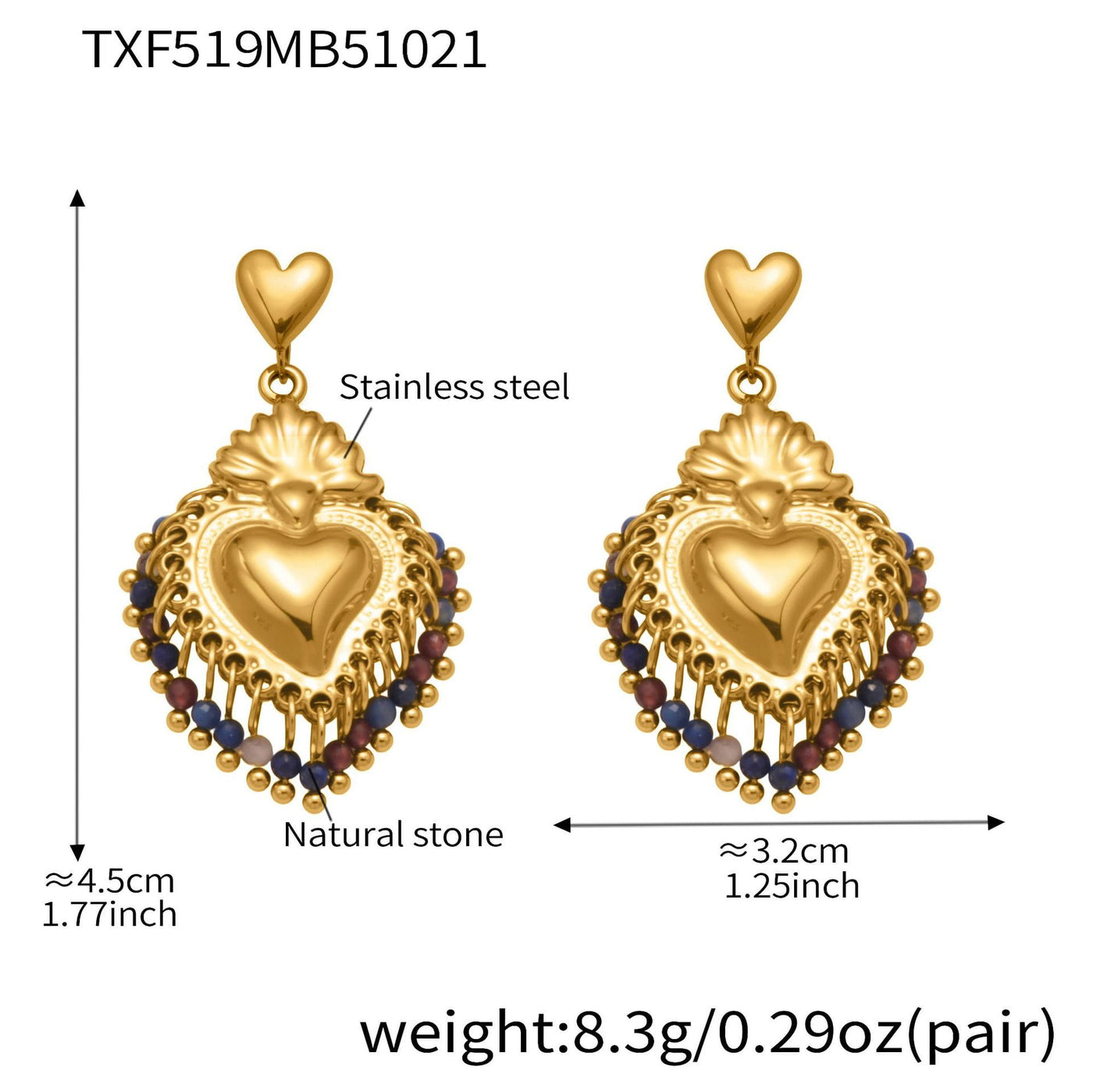 crown heart diy jewelry set natural stone heart earrings size weight and stainless steel material
