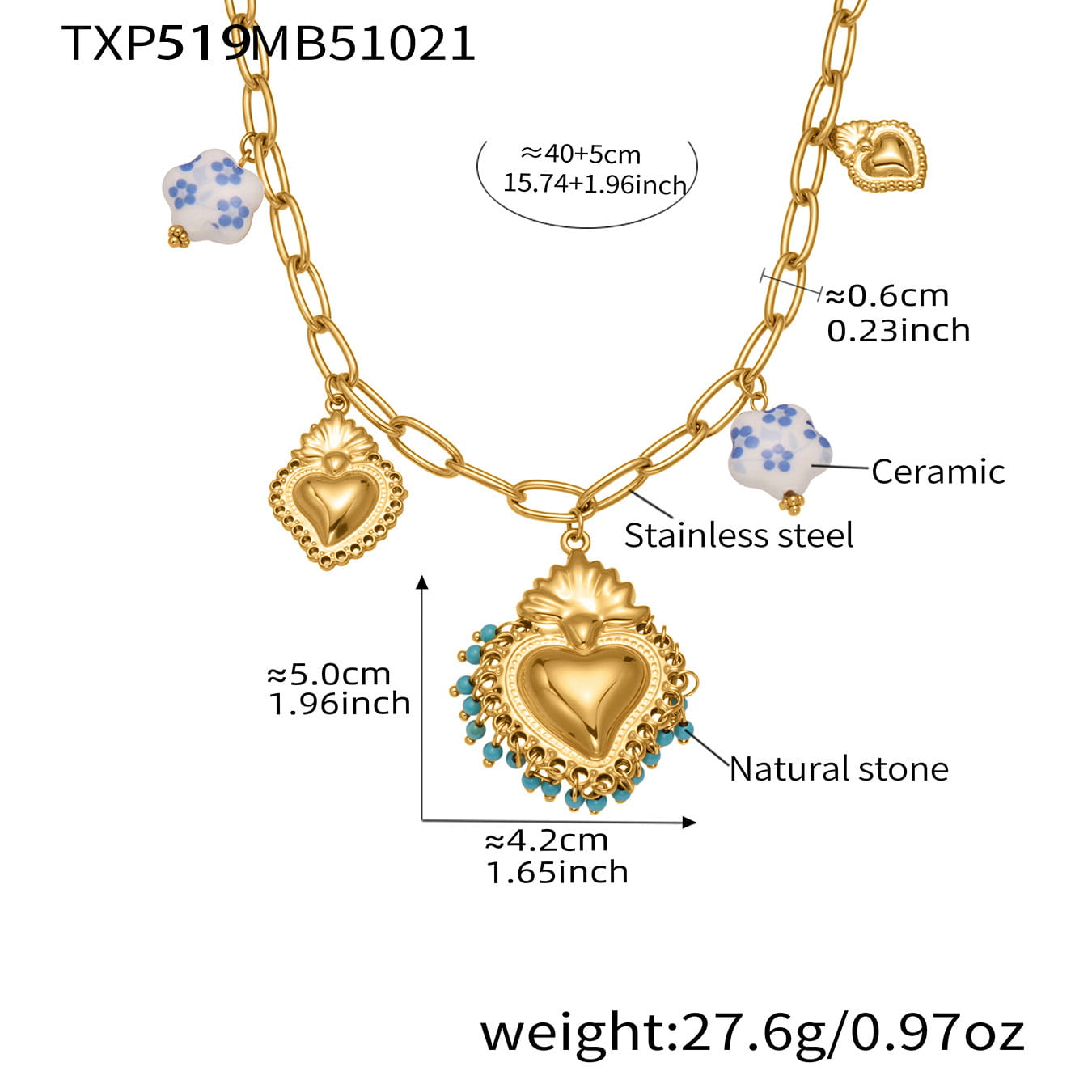 crown heart diy jewelry set necklace with natural stone heart pendant size and chain length
