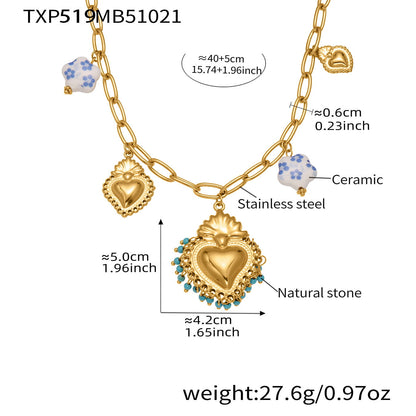 crown heart diy jewelry set necklace with natural stone heart pendant size and chain length
