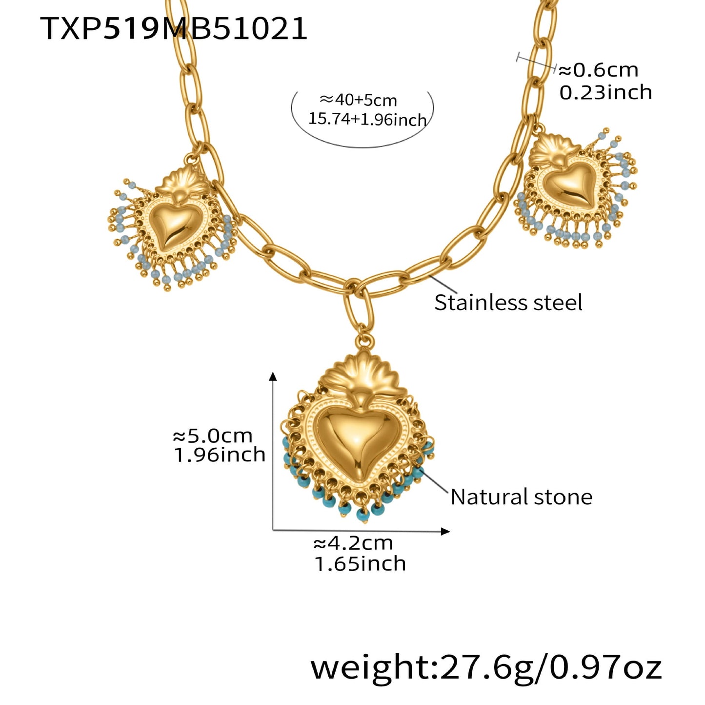 crown heart diy jewelry set necklace with ceramic heart charm and stainless steel chain
