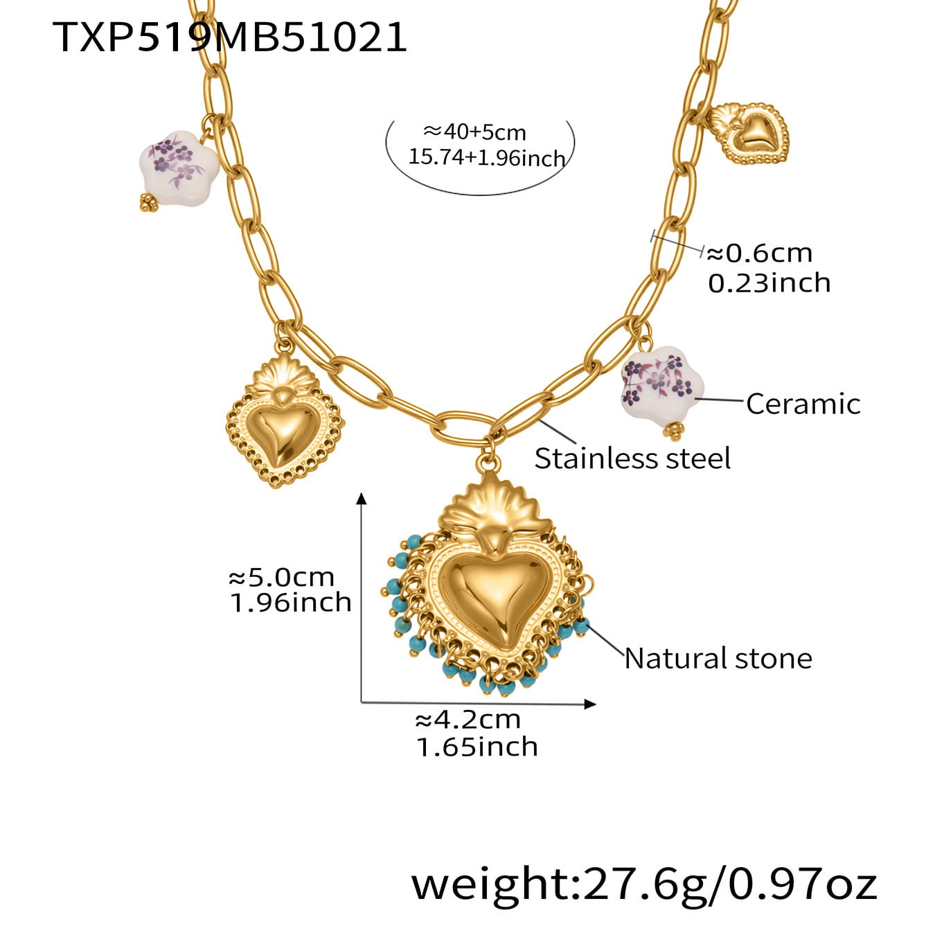 crown heart diy jewelry set necklace featuring blue ceramic heart charm and gold chain
