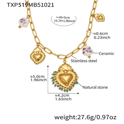 crown heart diy jewelry set necklace featuring blue ceramic heart charm and gold chain

