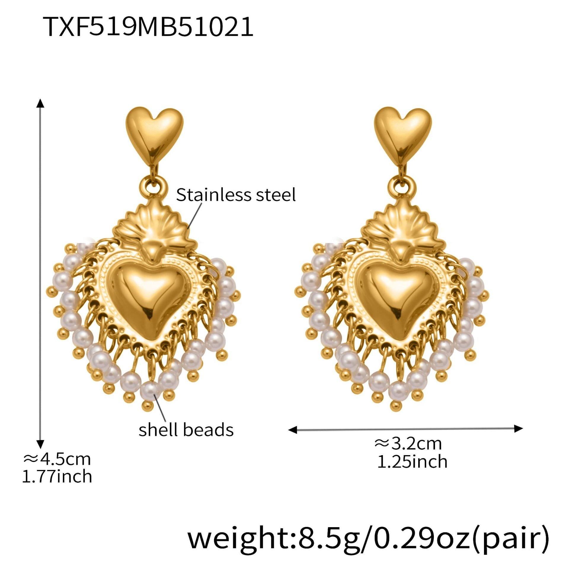 crown heart diy jewelry set shell bead heart earrings size weight and material details
