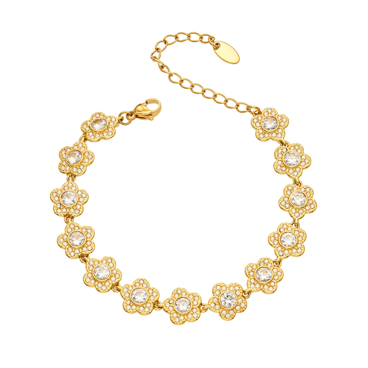 E306 gold-tone cubic zirconia flower link bracelet in stainless steel