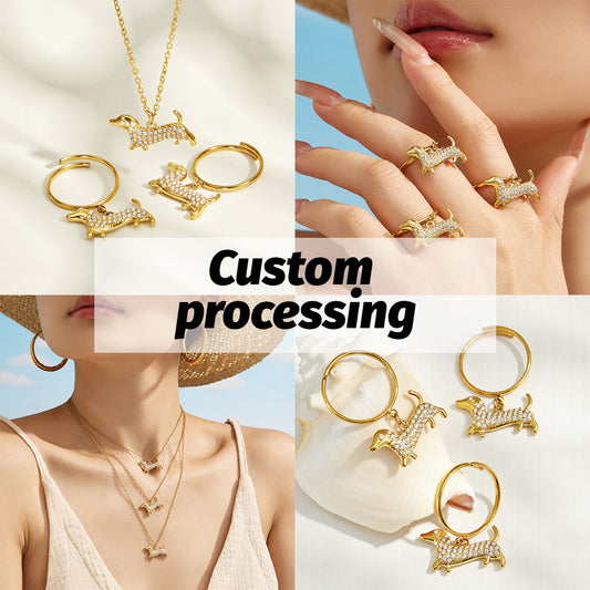 MiduoduoJewelry custom dachshund zircon necklace and ring manufacturing examples in 18K gold-plated stainless steel