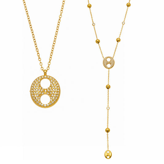 CZ open circle pendant and Y lariat necklace in 316L stainless steel 18K PVD gold