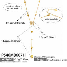 Size chart for CZ Y lariat necklace with 18K PVD gold stainless steel chain