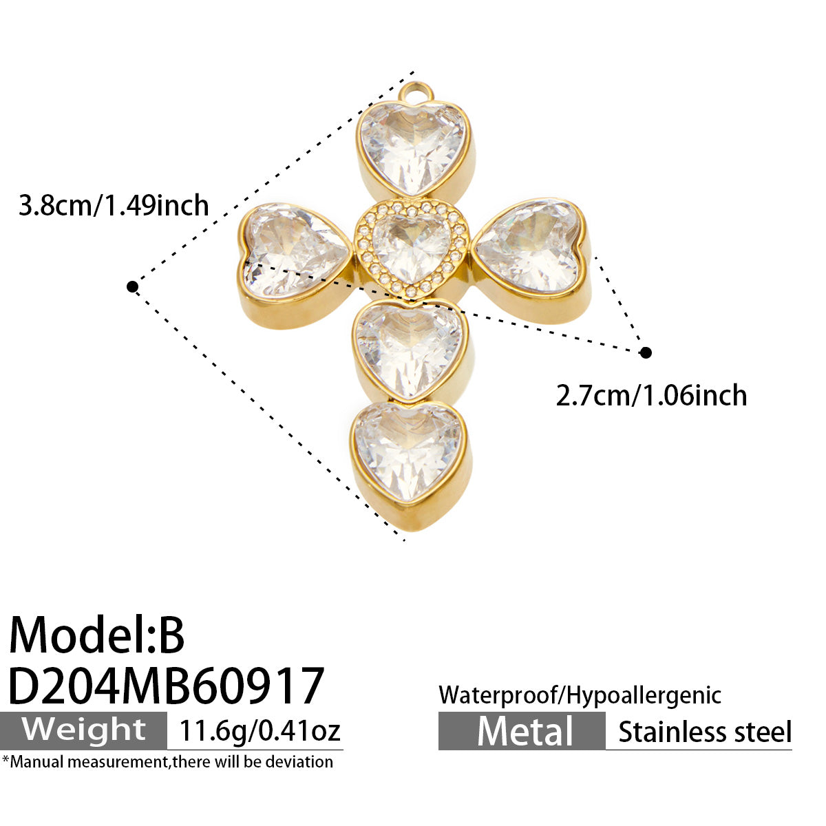 D204 Model B heart zircon cross pendant in gold tone with size details