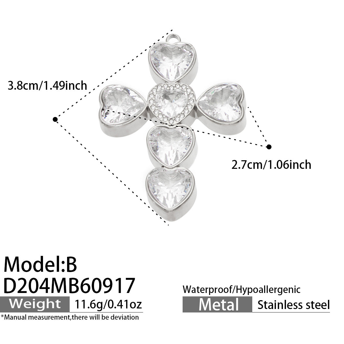 D204 Model B heart zircon cross pendant in steel tone with size details