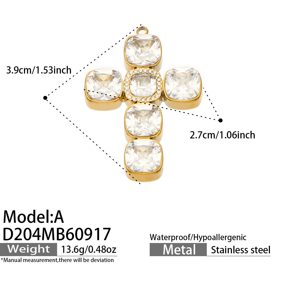 D204 Model A square zircon cross pendant in gold tone with size details
