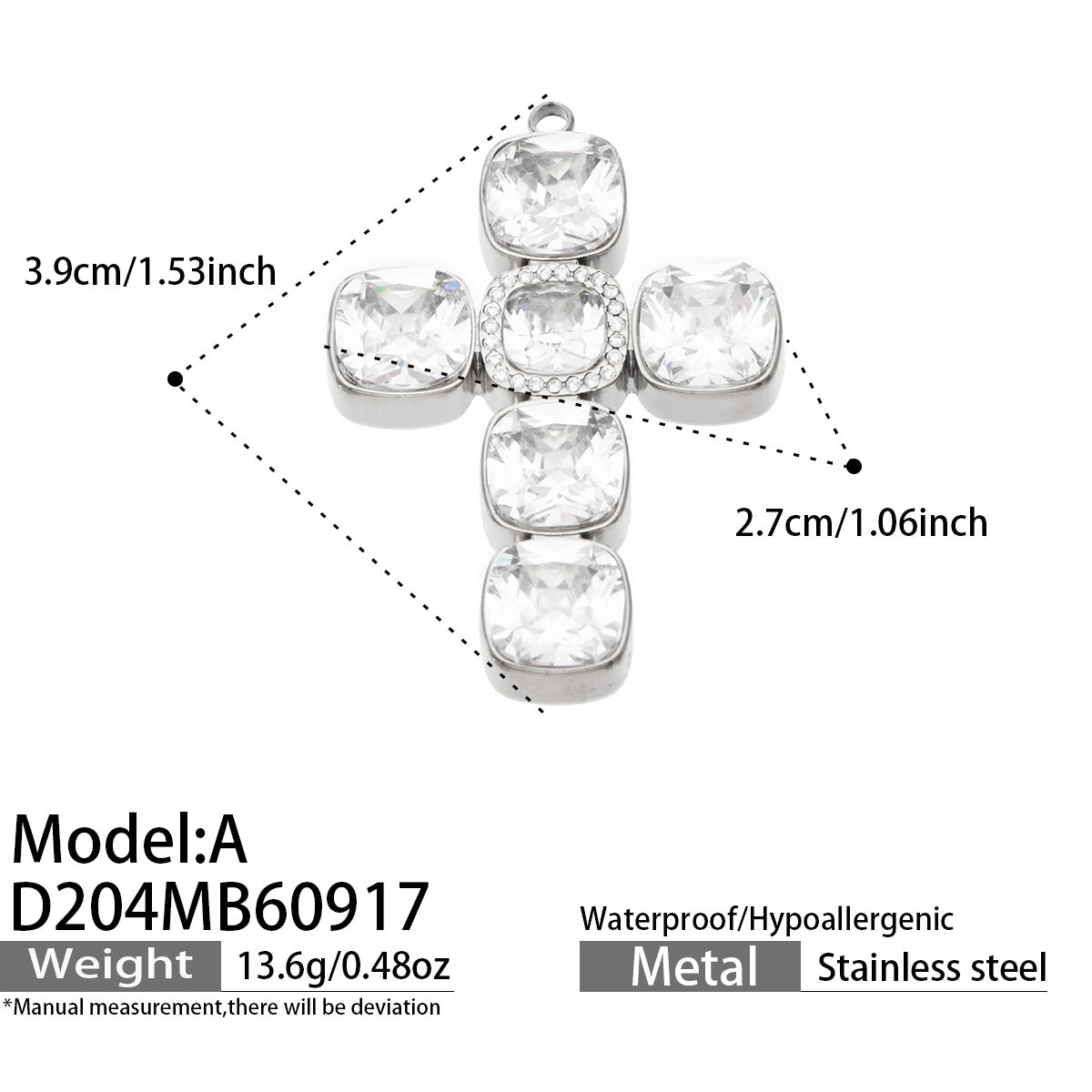 D204 Model A square zircon cross pendant in steel tone with size details