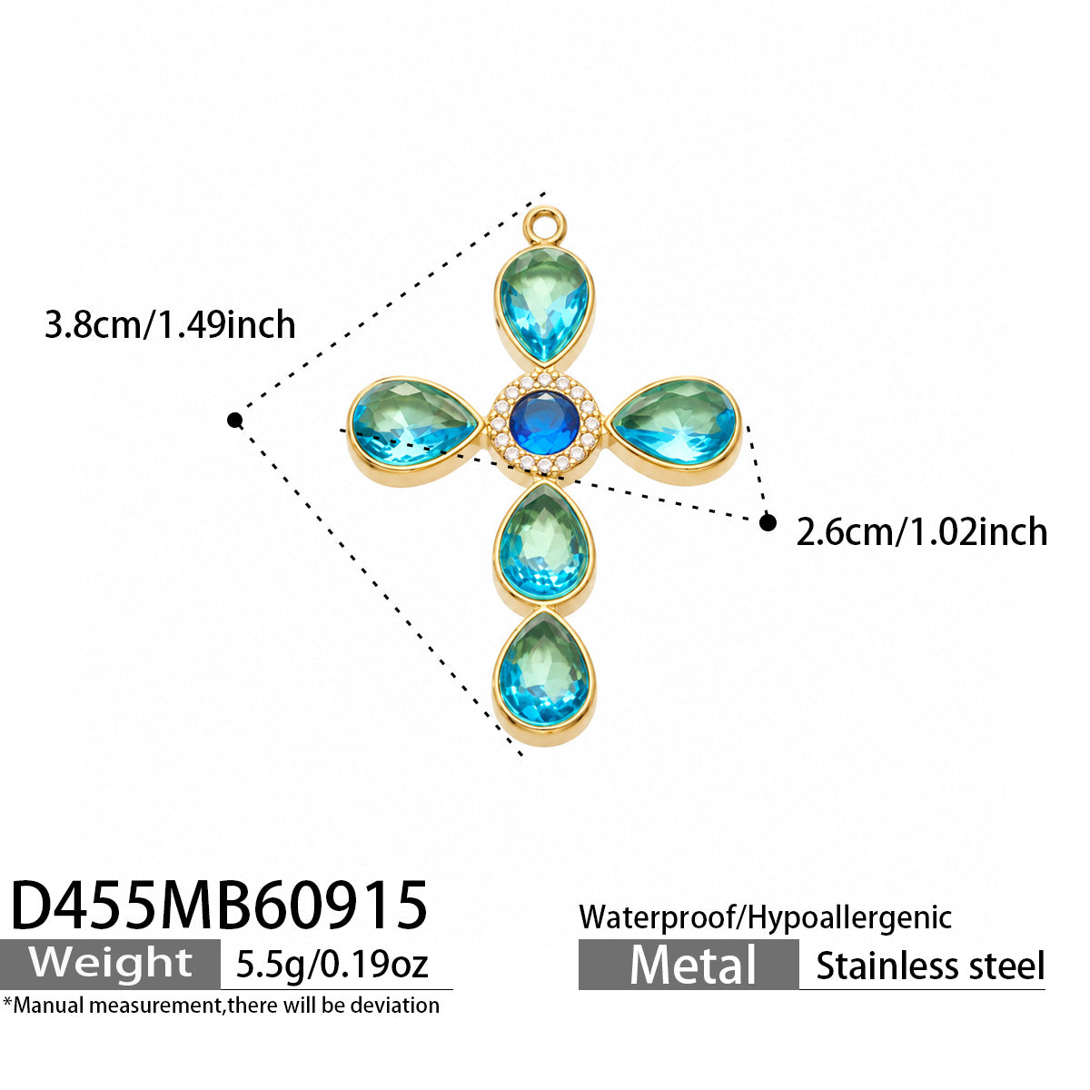D455 blue stone gold-tone cross pendant 3.8 × 2.6 cm size details