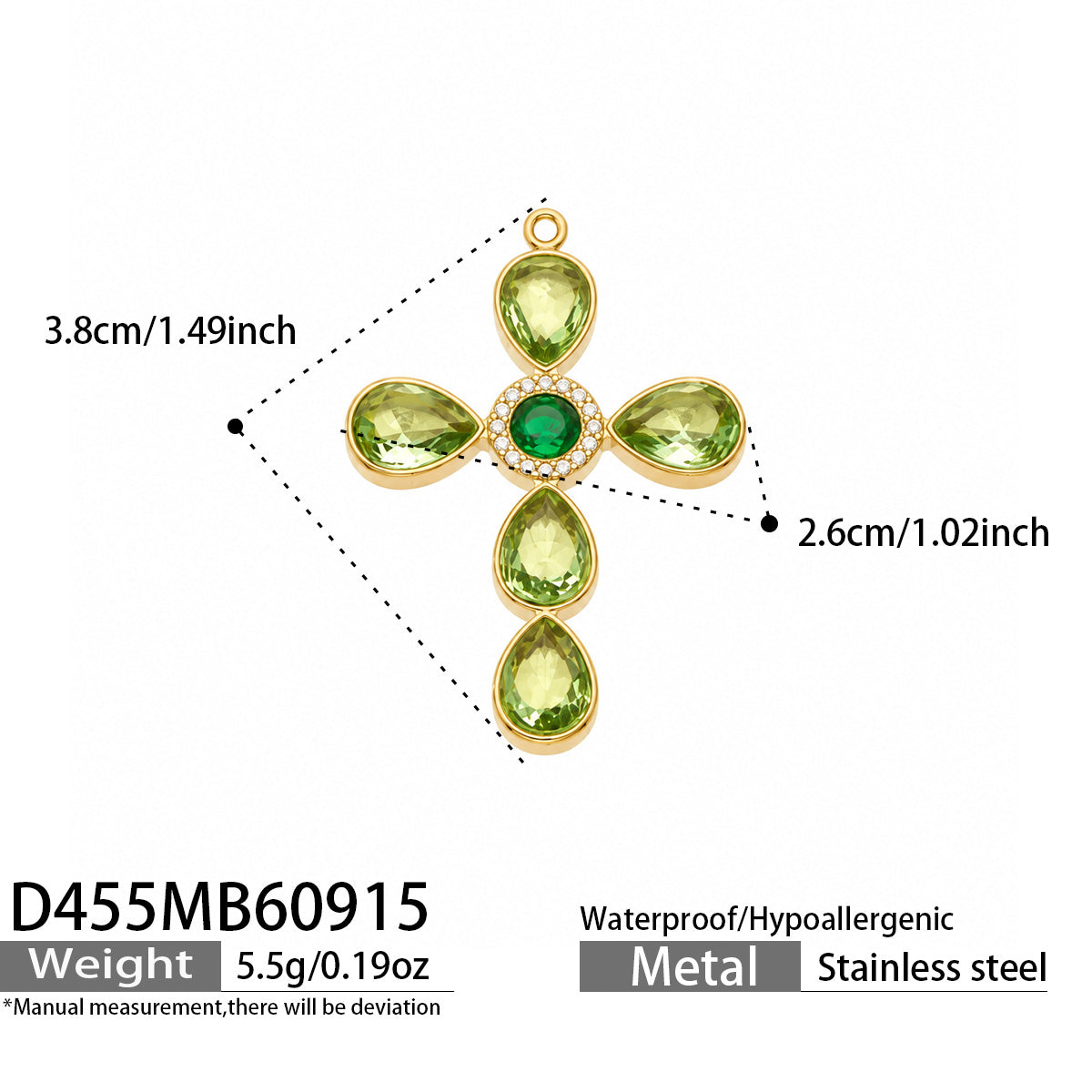 D455 green stone gold-tone cross pendant 3.8 × 2.6 cm size details