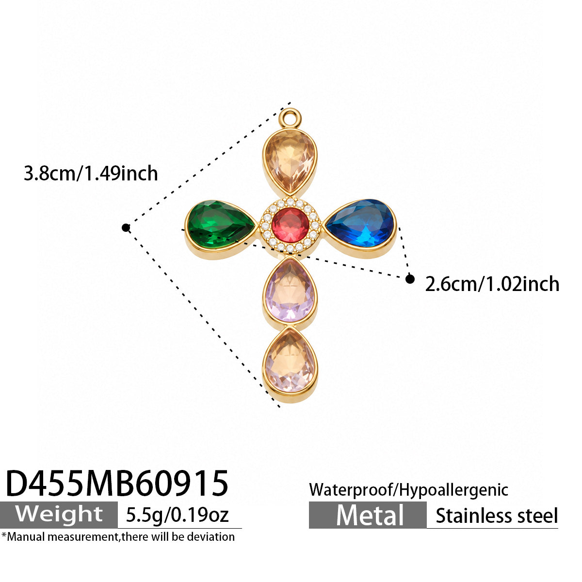 D455 multicolor stone gold-tone cross pendant 3.8 × 2.6 cm size details