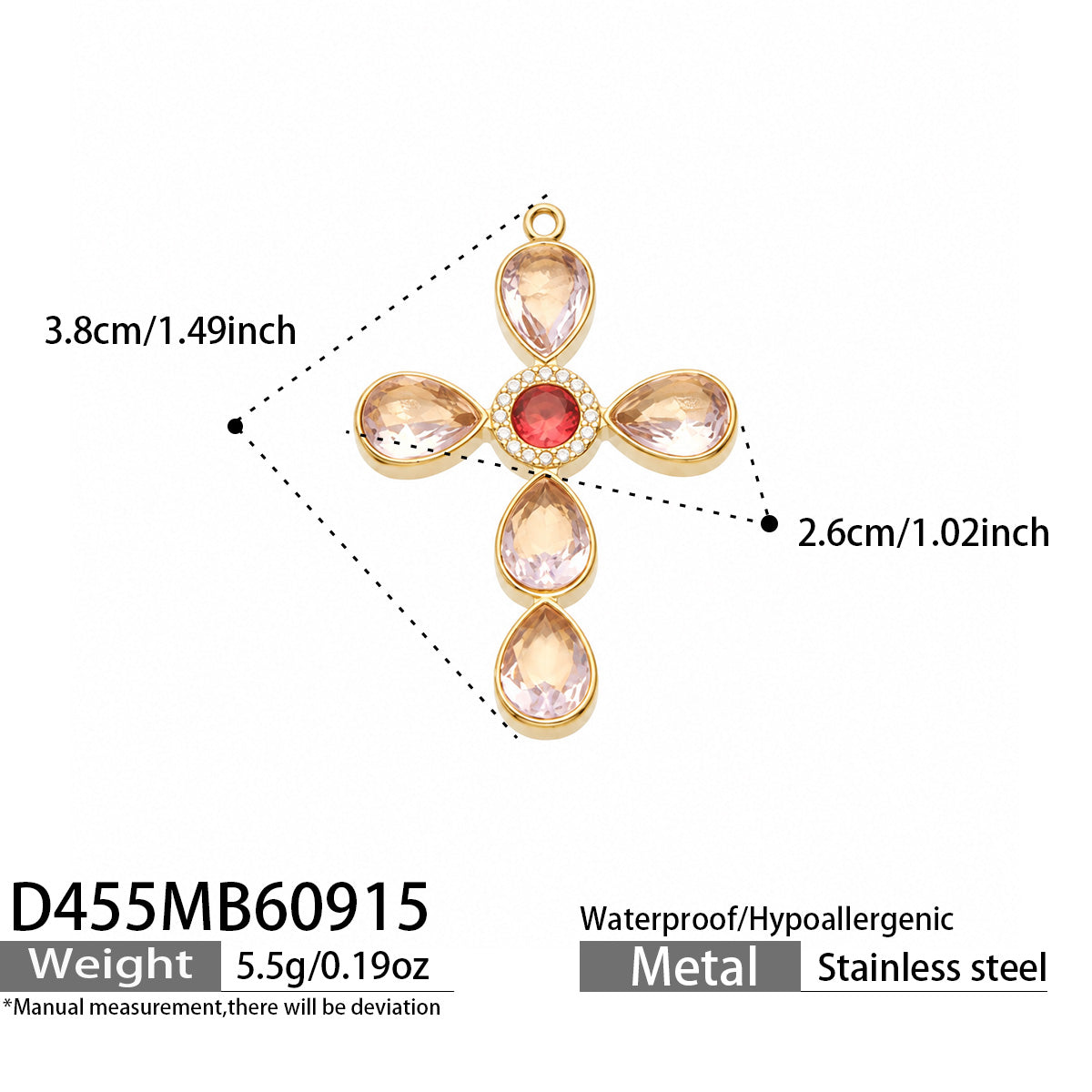 D455 purple stone gold-tone cross pendant 3.8 × 2.6 cm size details
