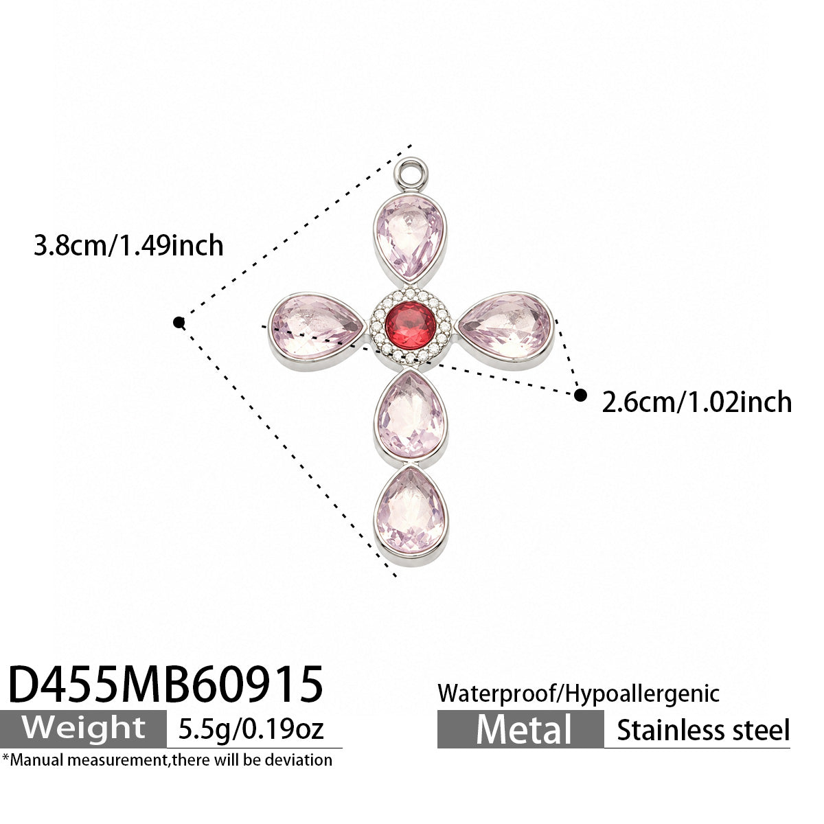 D455 purple stone steel-tone cross pendant 3.8 × 2.6 cm size details