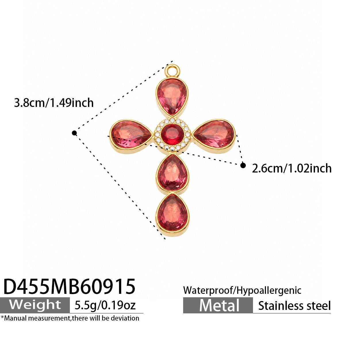 D455 red stone gold-tone cross pendant 3.8 × 2.6 cm size details