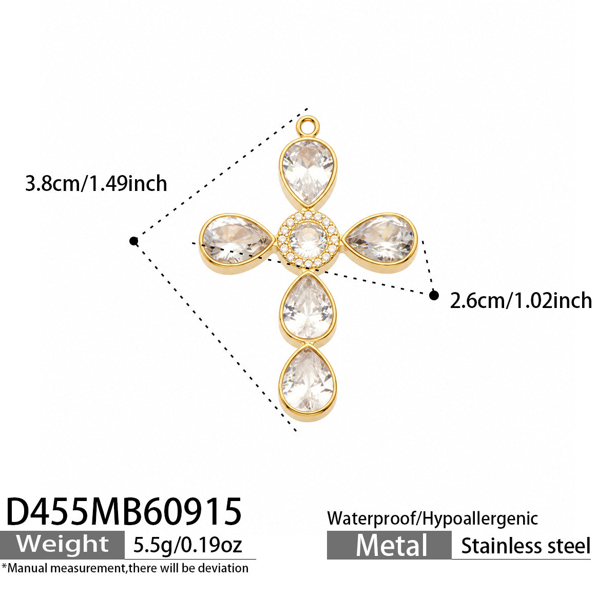 D455 white stone gold-tone cross pendant 3.8 × 2.6 cm size details