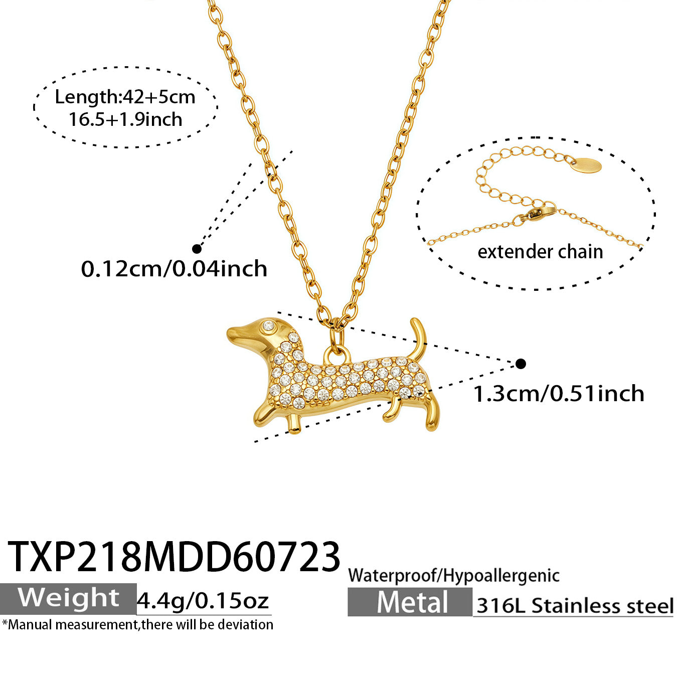 MiduoduoJewelry dachshund pendant necklace size, chain length and specification guide