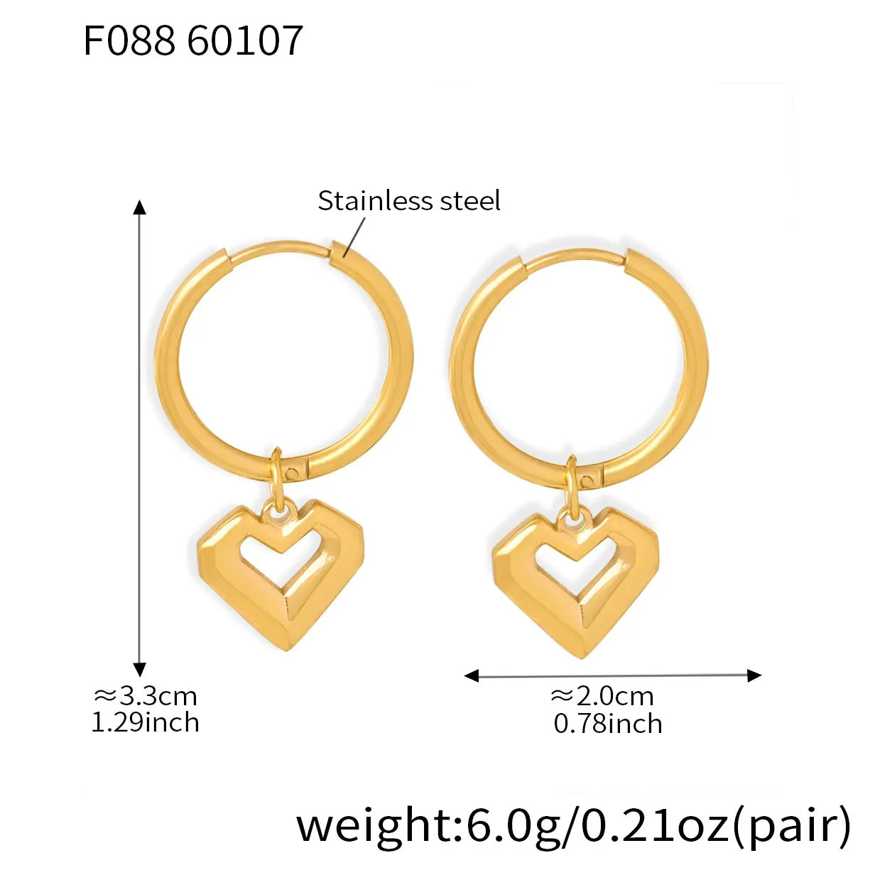 Size and weight measurements for the 18K gold plated 316L stainless steel heart charm huggie hypoallergenic earrings.