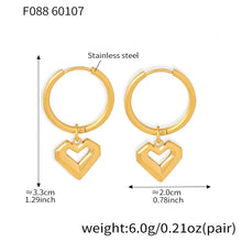 Size and weight measurements for the 18K gold plated 316L stainless steel heart charm huggie hypoallergenic earrings.