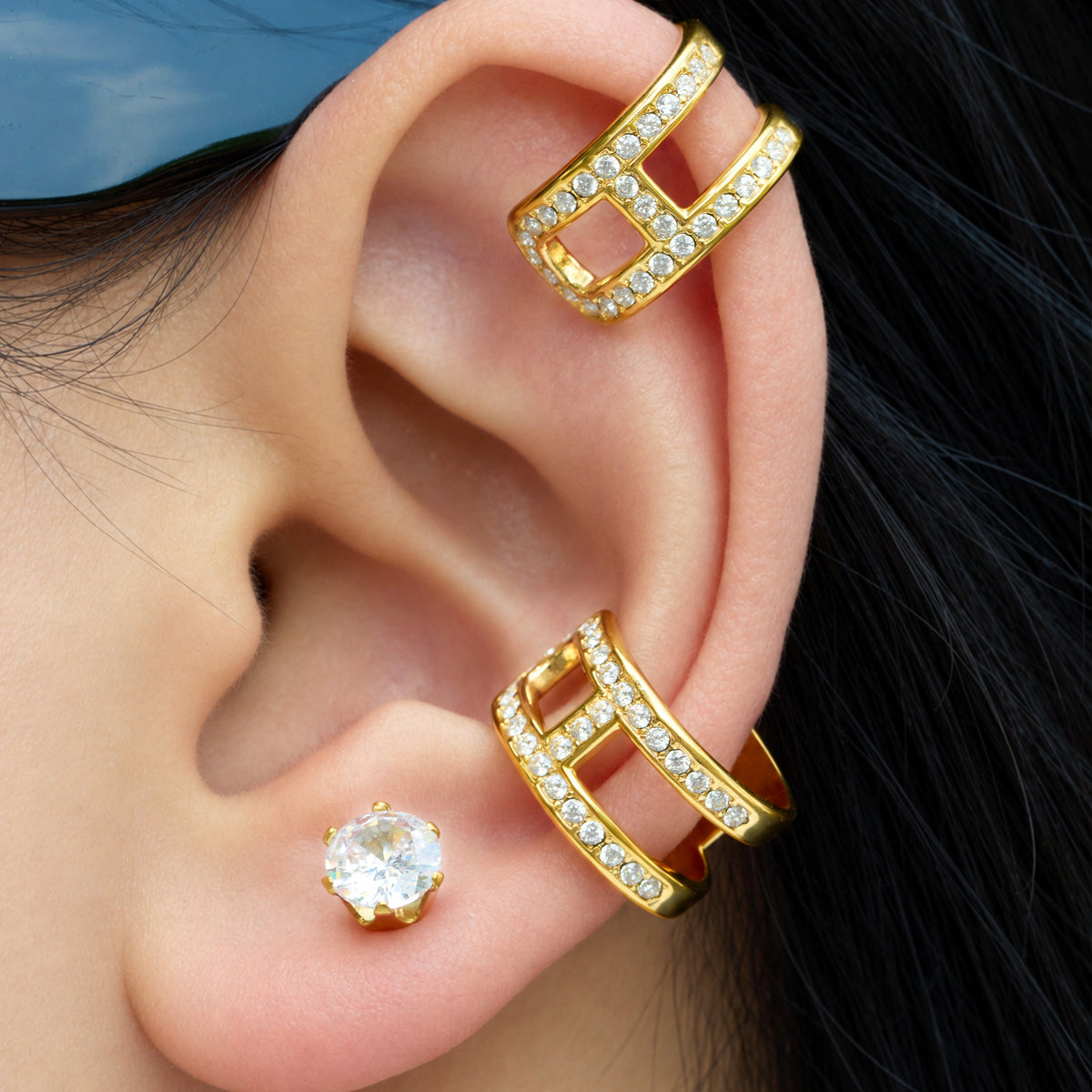 Double-band stainless steel rhinestone clip-on ear cuffs worn on ear