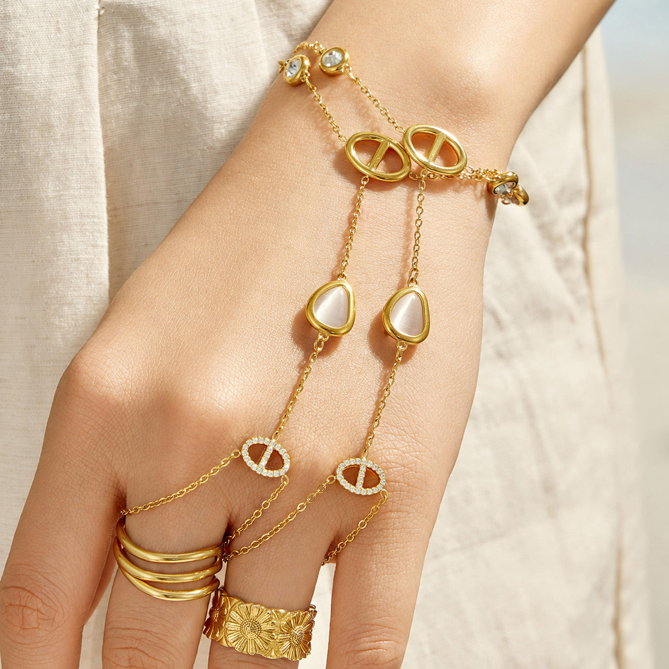 Full hand view of a model wearing a 316L stainless steel double-finger hand chain