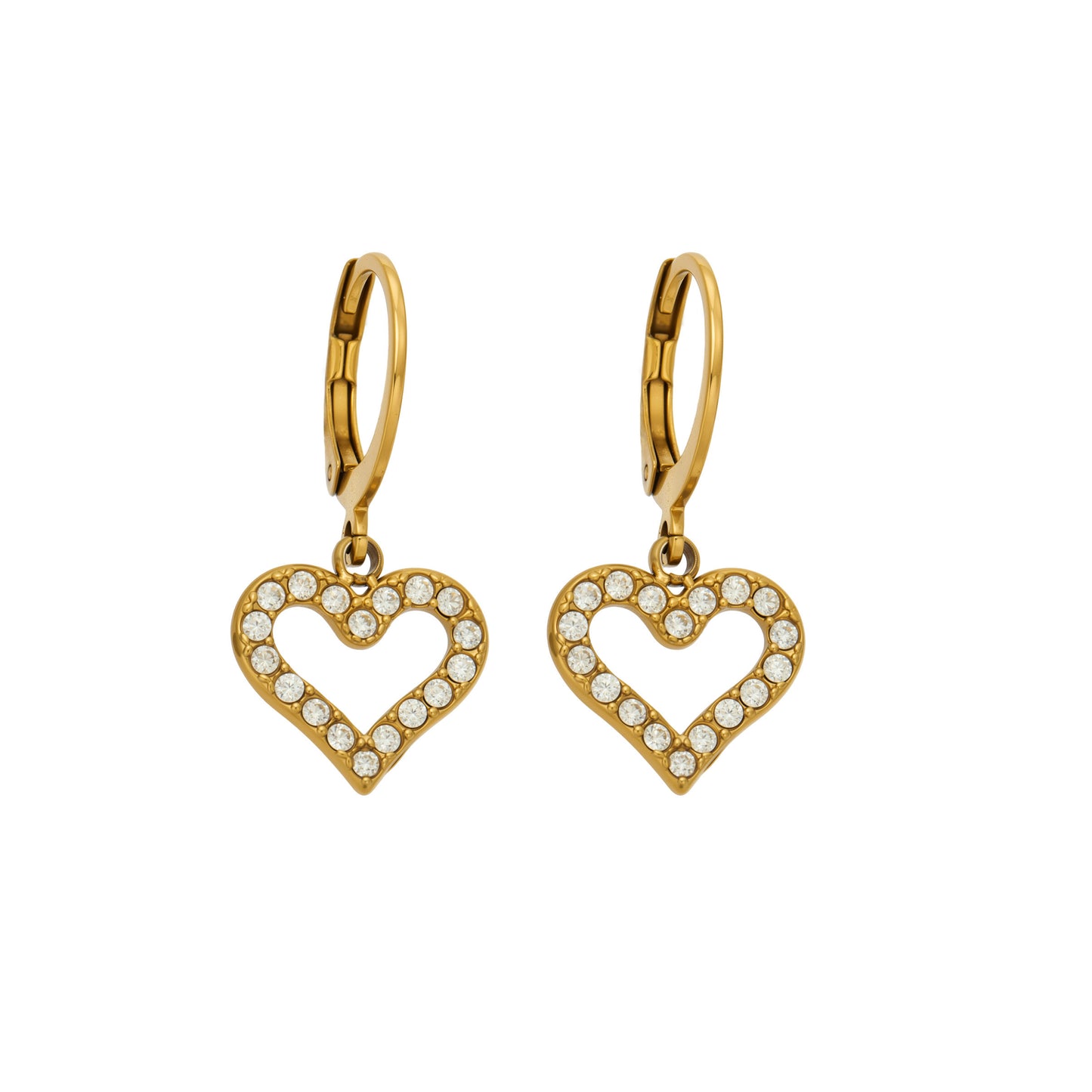 Gold double heart cubic zirconia drop earrings made from 316L stainless steel