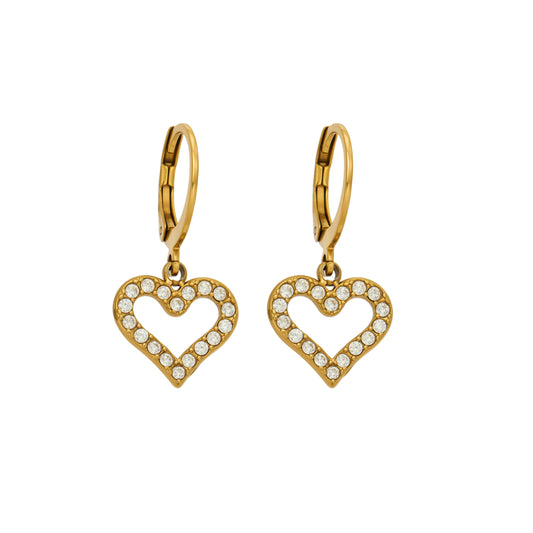 Gold double heart cubic zirconia drop earrings made from 316L stainless steel