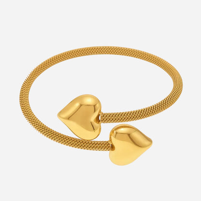 Gold Double Heart Mesh Chain Bracelet - Shiny Heart Charm Stainless Steel Bangle